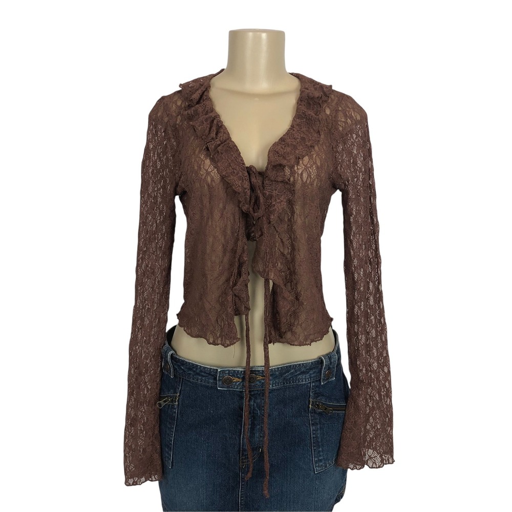 Thirty Thirty Floral Lace Tie Front Ruffle Cardigan Medium Y2K Fairy Grunge Boho